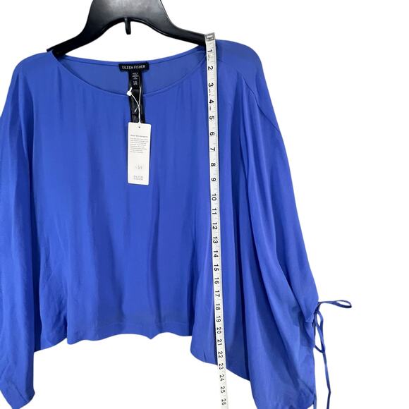 Eileen Fisher Silk Georgette Poncho L Blue Sheer Cropped Boxy Ethereal Luxury - Picture 4 of 10